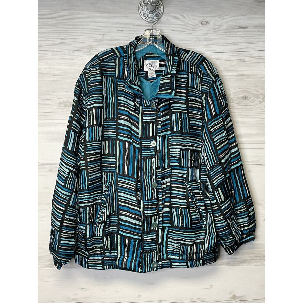 Cervelle Jacket Womens 1X Black Blue Abstract Silk Quilted Button Up Lightweight